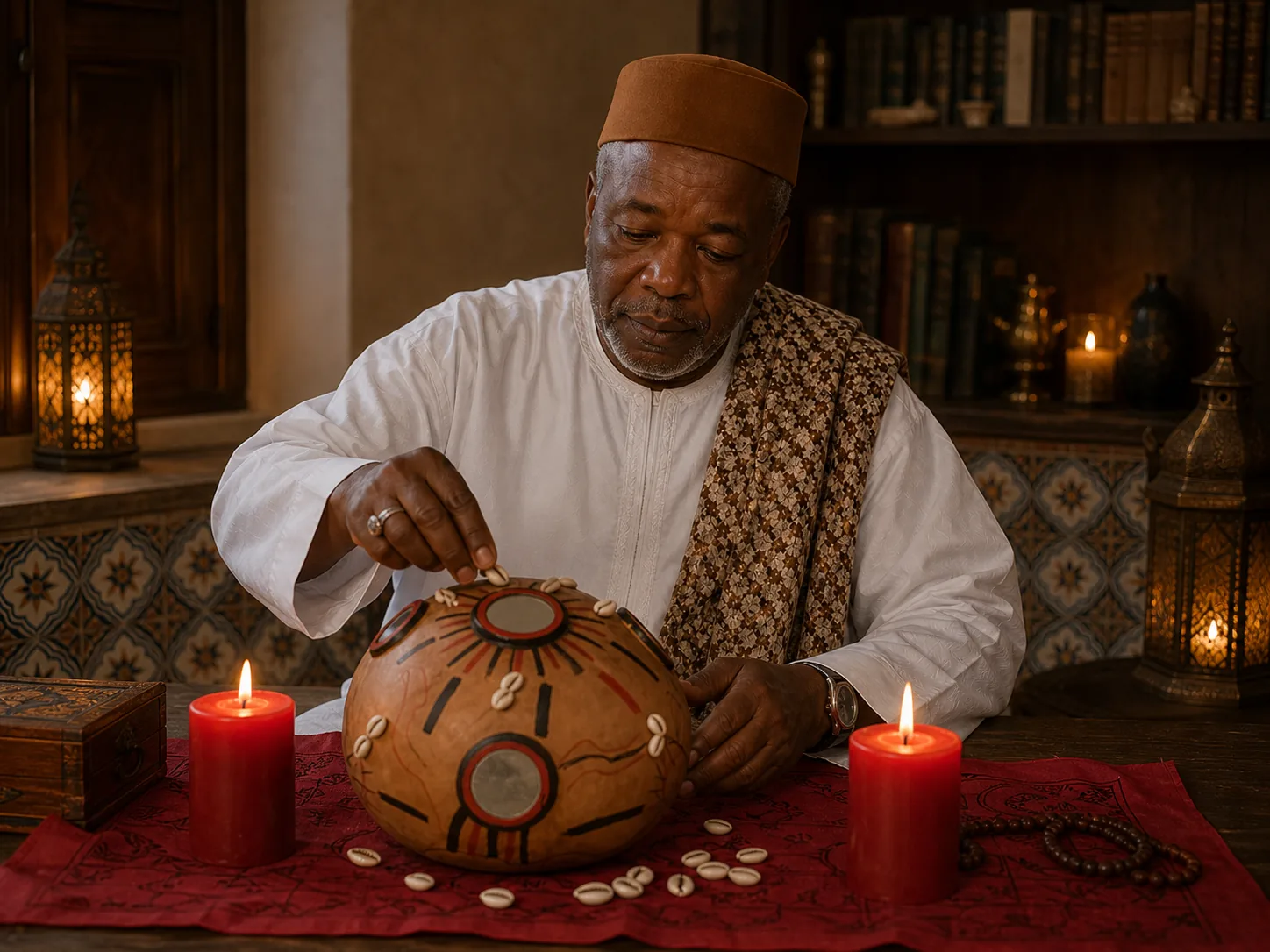 Professor Madiyah prepara um ritual de proteção espiritual com cabaça, búzios e velas vermelhas